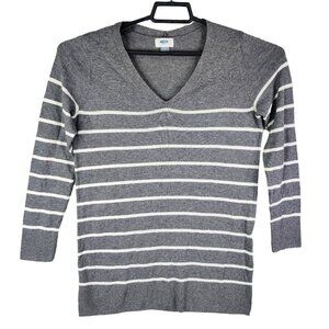 Womens Old Navy Sweater Gray & White Striped V Neck Long Sleeve Size S